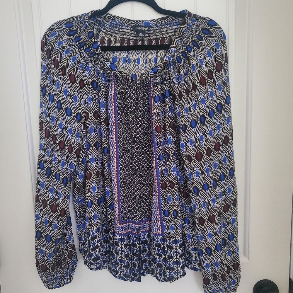 LUCKY BRAND BLACK & BLUE IKAT BOHO BLOUSE TOP - SIZE XL